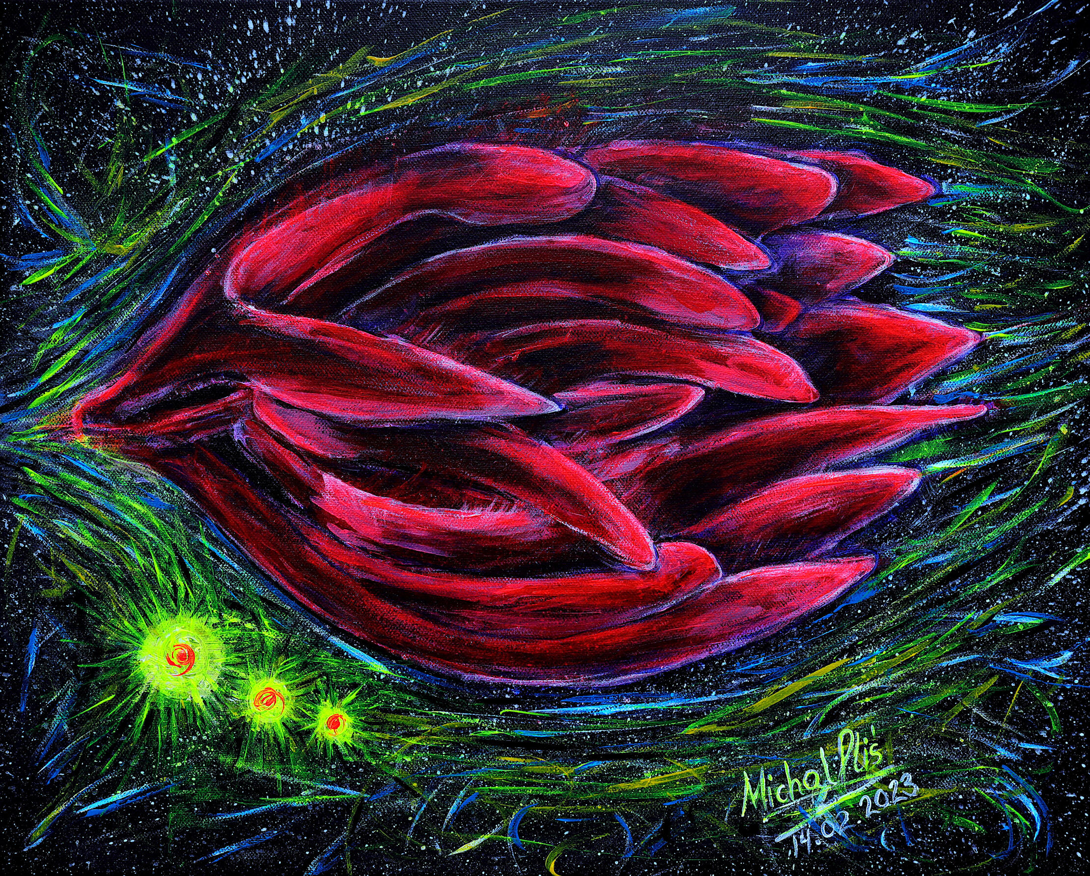 Original UV acrylic painting on canvas titled "Seablite space creature" by Melbourne artist Michal Plis. The abstract artwork features a vibrant red, botanical-like alien organism floating in a dark, starry cosmic background surrounded by swirling blue and